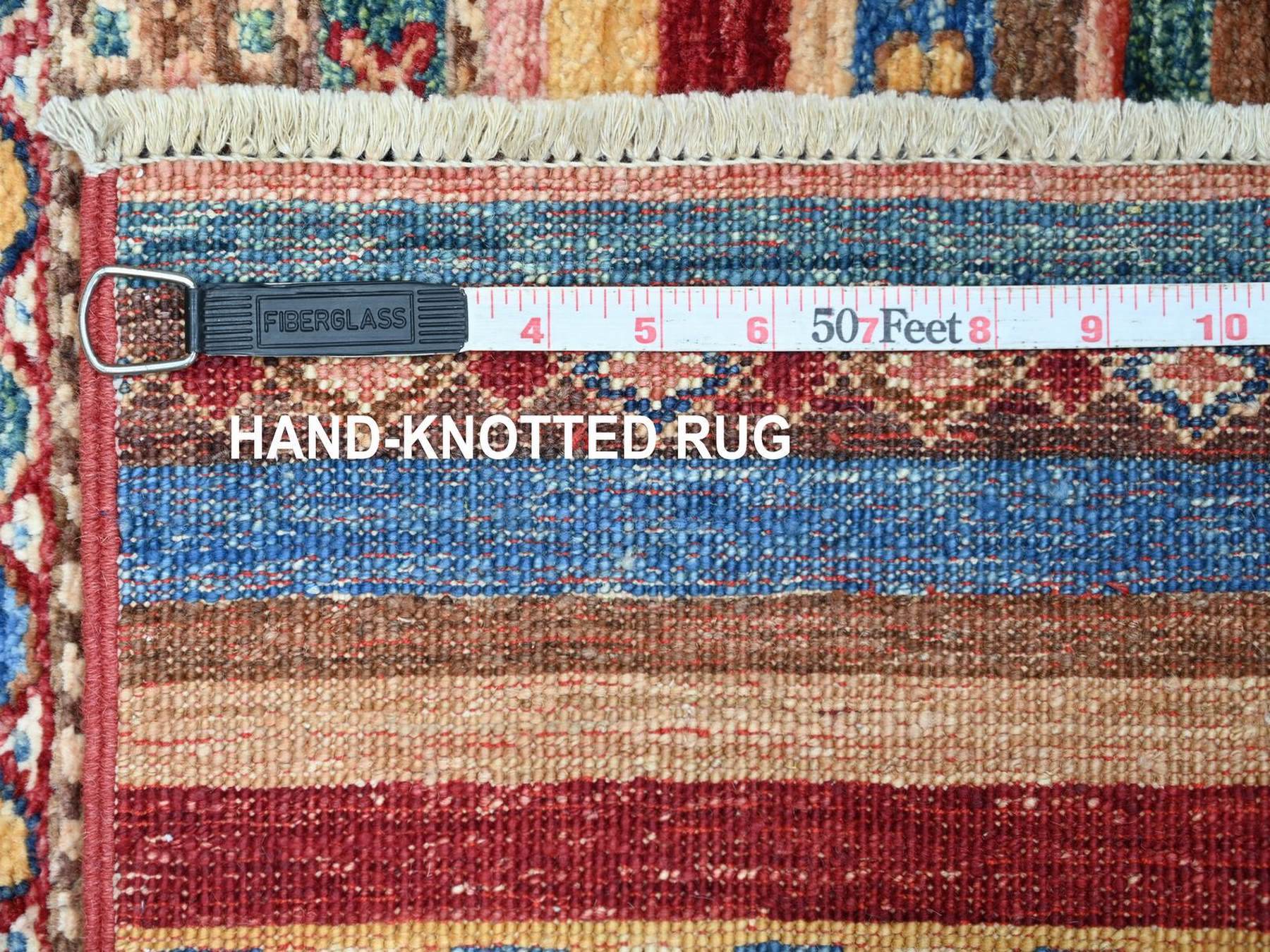 2'8"x3'9" Colorful, Vegetable Dyes, Natural Wool, Hand Knotted, Afghan Super Kazak with Khorjin Design, Sample, Mat, Oriental Rug HR22601 - Image 6