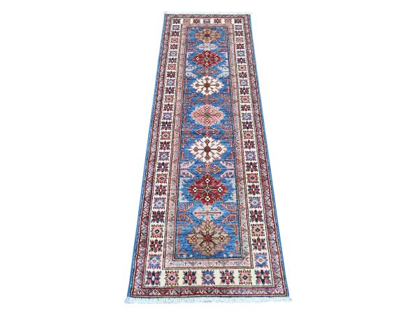 2'x6' Cerulean Blue, Organic Wool, Hand Knotted, Afghan Super Kazak with Tribal Medallions Design, Vegetable Dyes, Narrow Runner, Oriental Rug HR22602