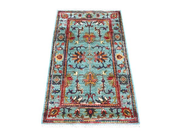 2'8"x4'5" Teal Blue, Afghan Sultani with All Over Floral Pattern, Soft Wool, Hand Knotted, Vegetable Dyes, Denser Weave, Oriental Rug HR22603