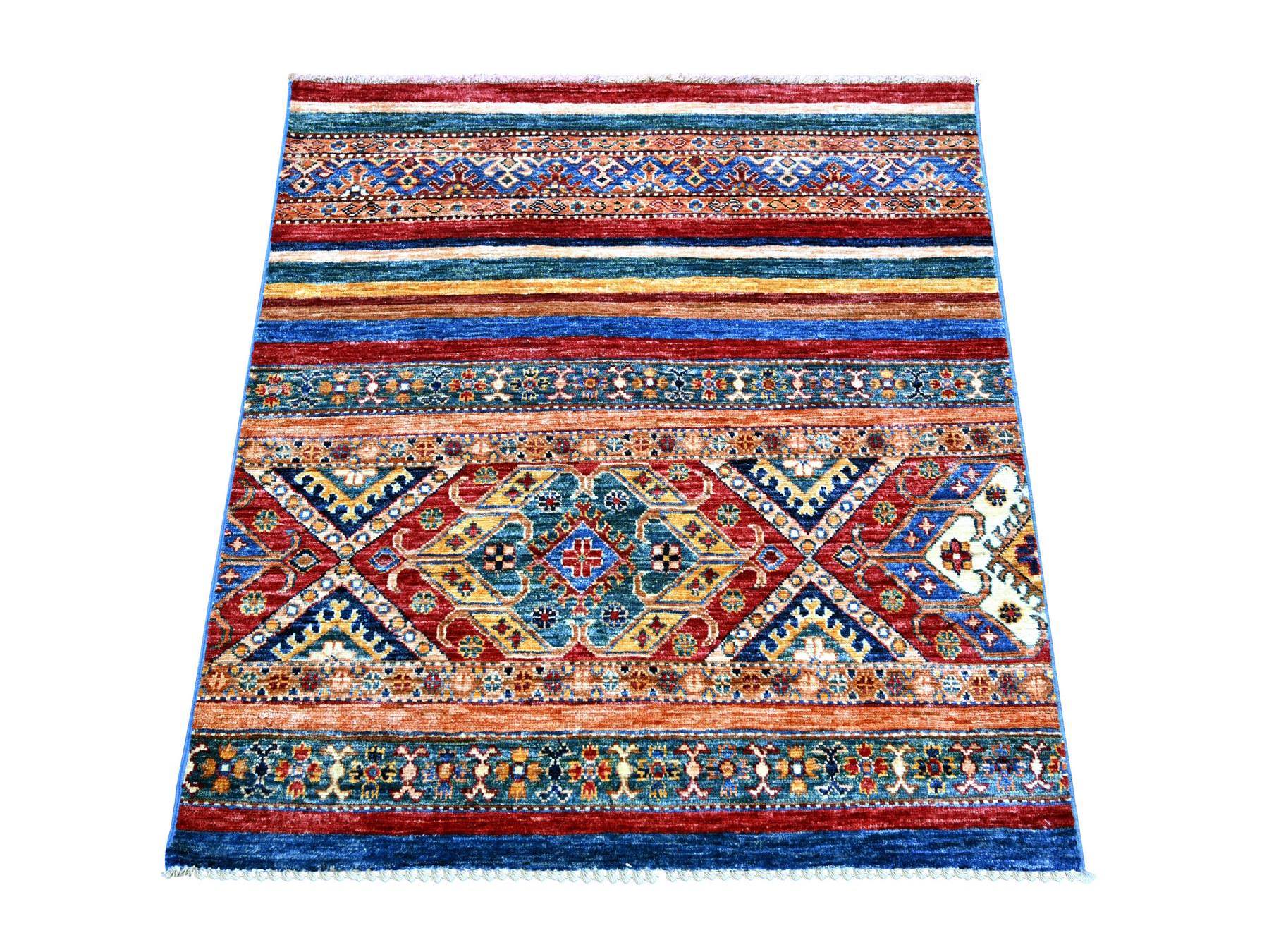 3'5"x3'7" Colorful, Afghan Super Kazak with Khorjin Design, Natural Wool, Hand Knotted, Vegetable Dyes, Square, Oriental Rug HR22607