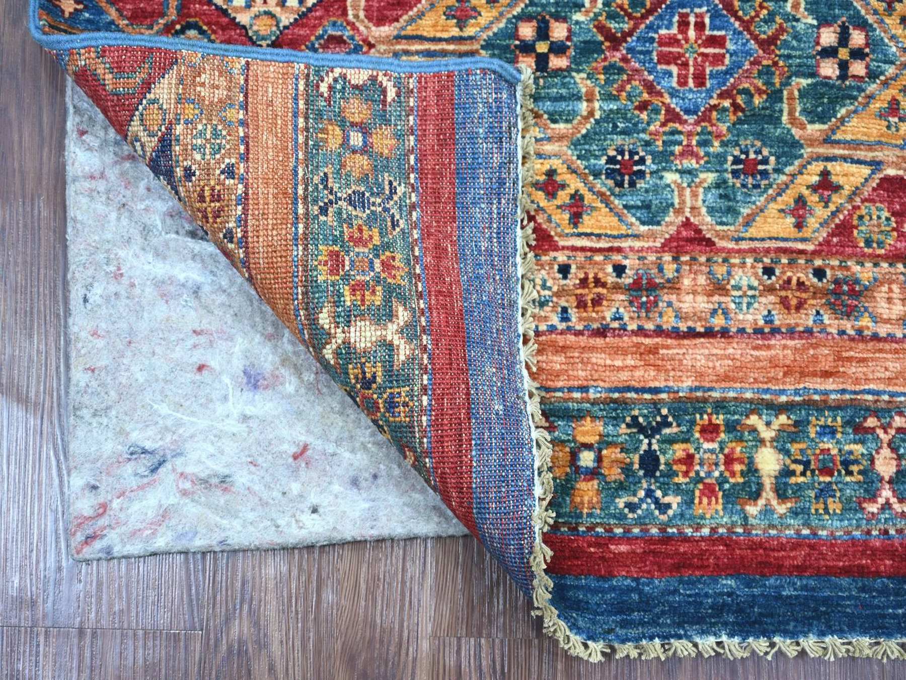 3'5"x3'7" Colorful, Afghan Super Kazak with Khorjin Design, Natural Wool, Hand Knotted, Vegetable Dyes, Square, Oriental Rug HR22607 - Image 2