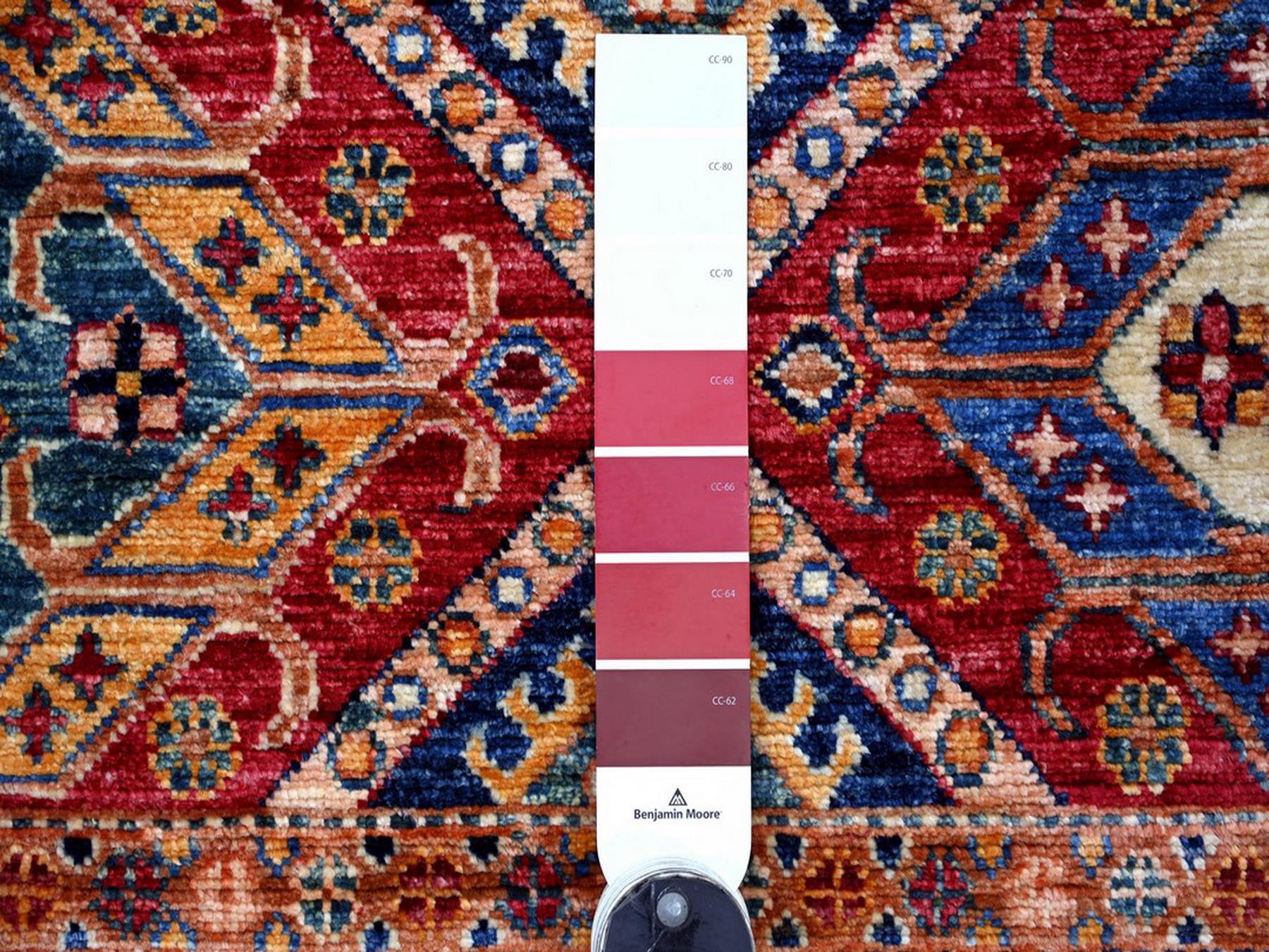 3'5"x3'7" Colorful, Afghan Super Kazak with Khorjin Design, Natural Wool, Hand Knotted, Vegetable Dyes, Square, Oriental Rug HR22607 - Image 3