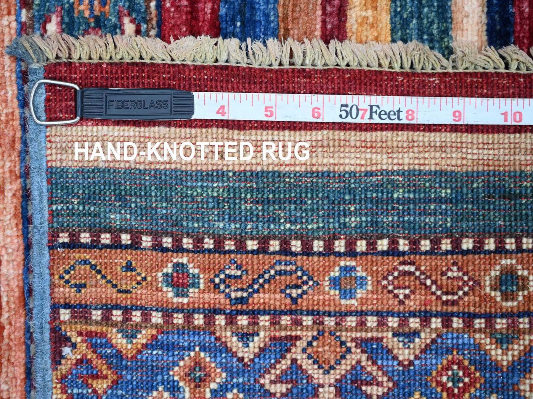 3'5"x3'7" Colorful, Afghan Super Kazak with Khorjin Design, Natural Wool, Hand Knotted, Vegetable Dyes, Square, Oriental Rug HR22607 - Image 6