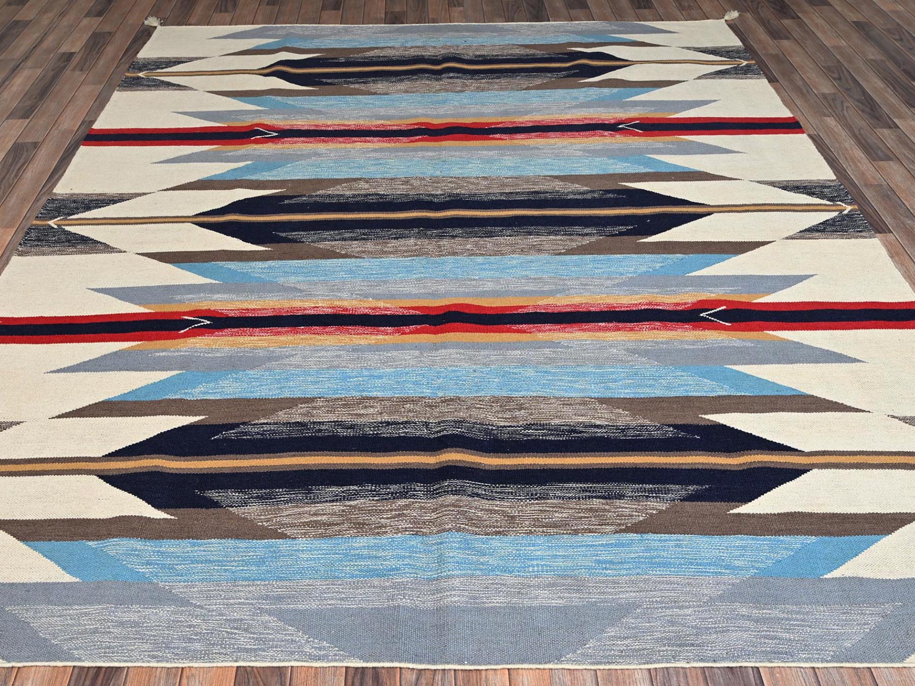 8'2"x9'7" Light Blue, Flat Weave, American Indian Southwest Geometric Design, Hand Woven, 100% Wool, Oriental Rug HR2263 - Image 2