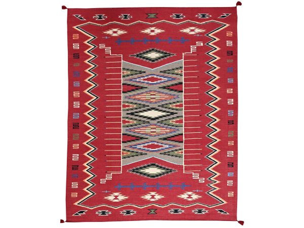 8'1"x10' Crimson Red, Flat Weave, American Indian Southwest Geometric Design, Hand Woven, 100% Wool, Oriental Rug HR2268