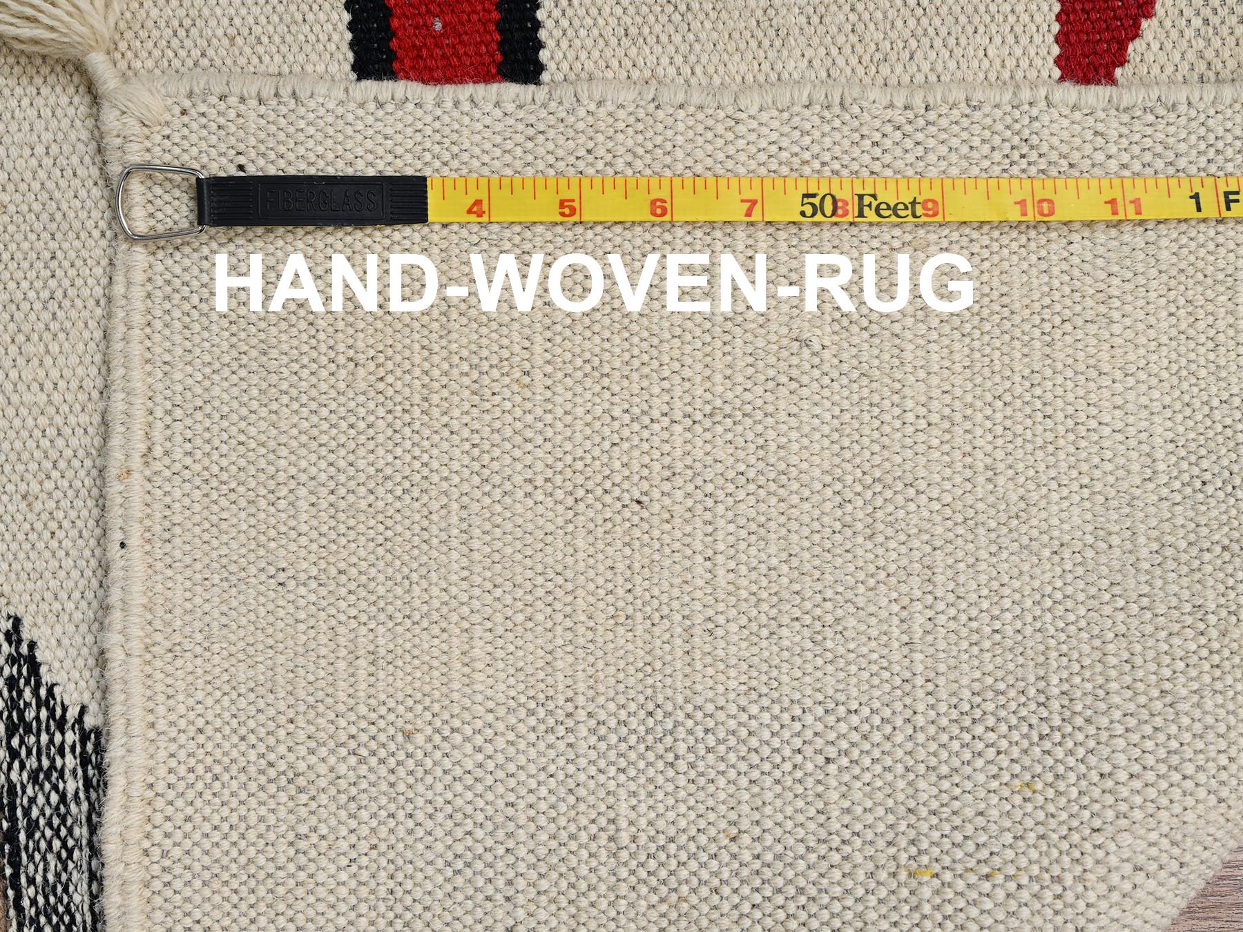 8'2"x10' Bone White, Flat Weave, American Indian Southwest Geometric Design, Hand Woven, 100% Wool, Oriental Rug HR2269 - Image 7
