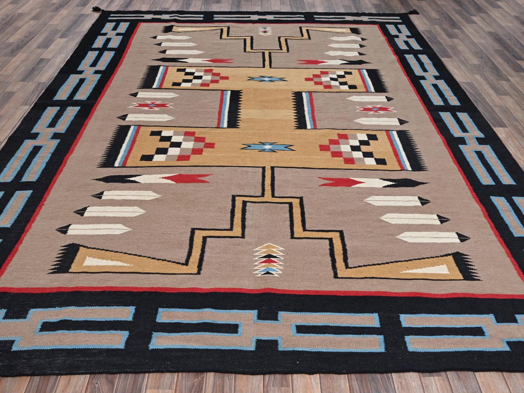 9'5"x11'7" Beaver Brown, Flat Weave, American Indian Southwest Geometric Design, Hand Woven, 100% Wool, Oriental Rug HR2273 - Image 2