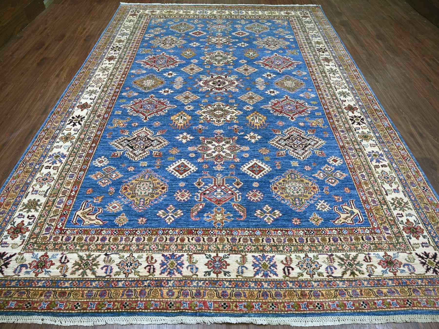 9'x12'2" Cerulean Blue, Pure Wool, Hand Knotted, Afghan Super Kazak with Geometric Motifs, Vegetable Dyes, Oriental Rug HR22770 - Image 2