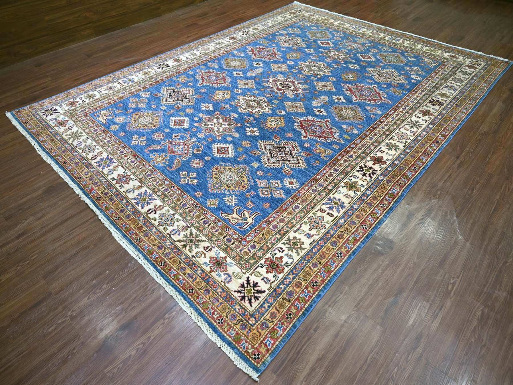 9'x12'2" Cerulean Blue, Pure Wool, Hand Knotted, Afghan Super Kazak with Geometric Motifs, Vegetable Dyes, Oriental Rug HR22770 - Image 3