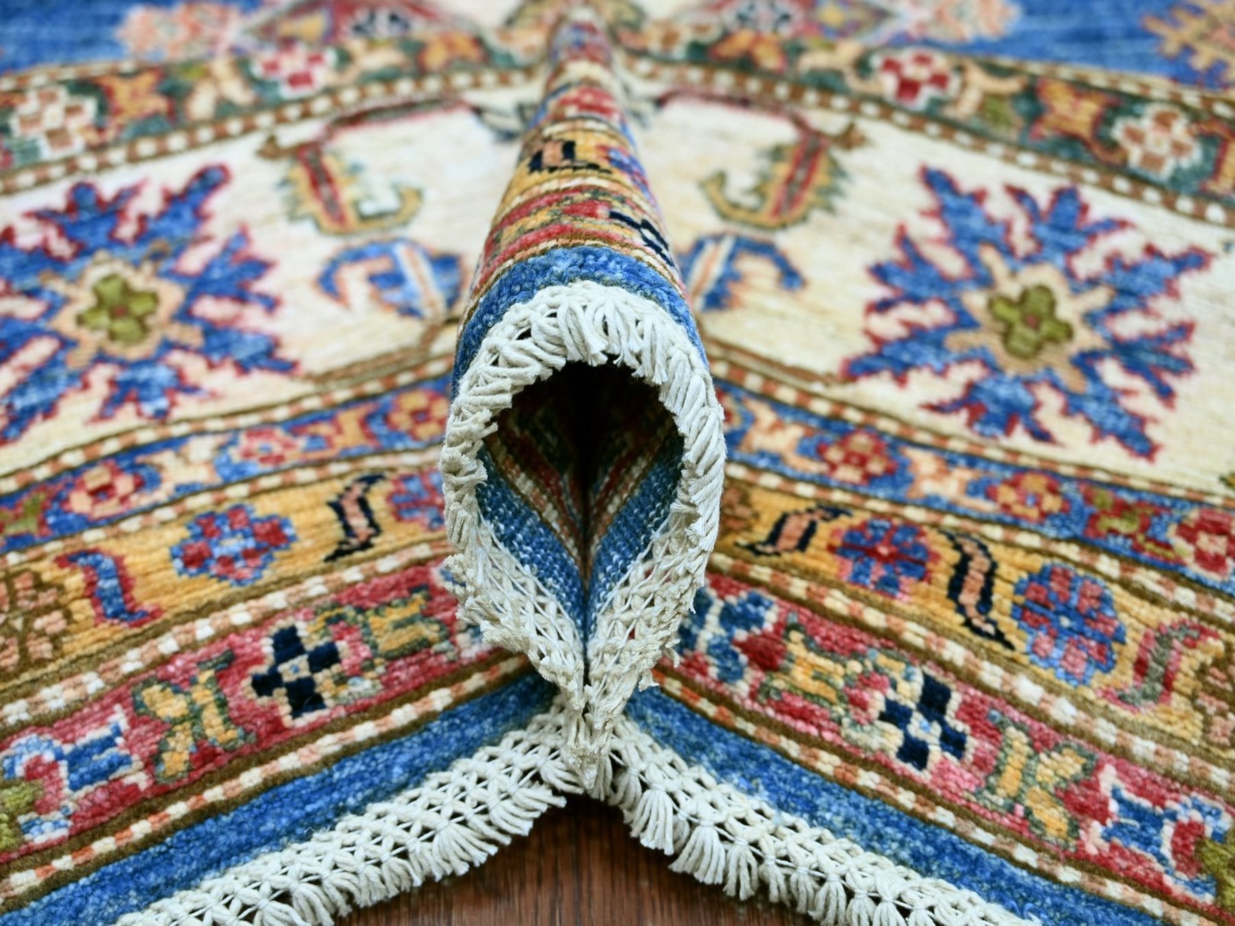 9'x12'2" Cerulean Blue, Pure Wool, Hand Knotted, Afghan Super Kazak with Geometric Motifs, Vegetable Dyes, Oriental Rug HR22770 - Image 5
