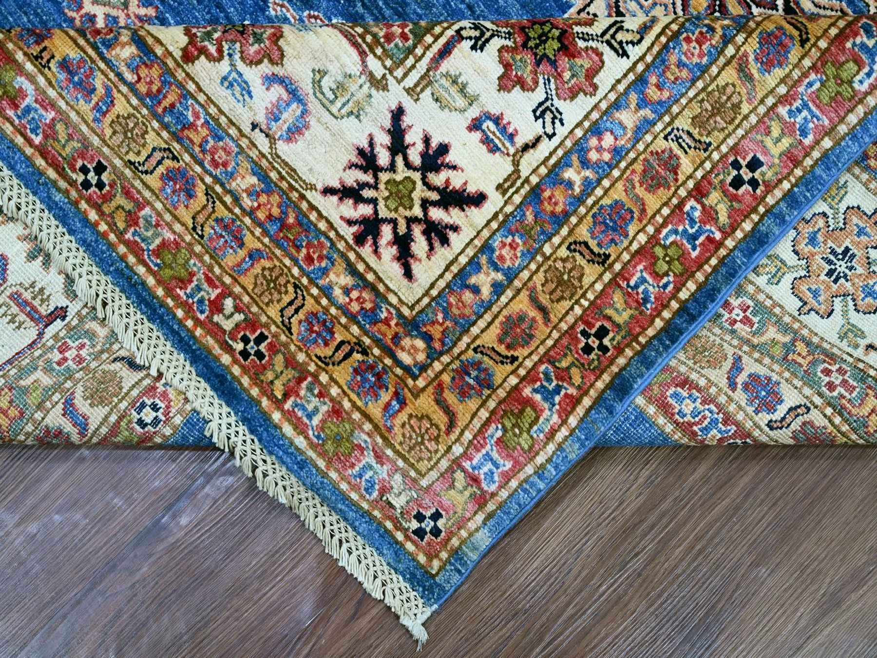 9'x12'2" Cerulean Blue, Pure Wool, Hand Knotted, Afghan Super Kazak with Geometric Motifs, Vegetable Dyes, Oriental Rug HR22770 - Image 6