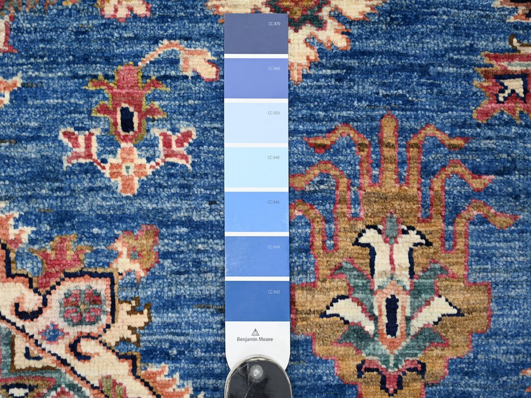 9'x12'2" Cerulean Blue, Pure Wool, Hand Knotted, Afghan Super Kazak with Geometric Motifs, Vegetable Dyes, Oriental Rug HR22770 - Image 7