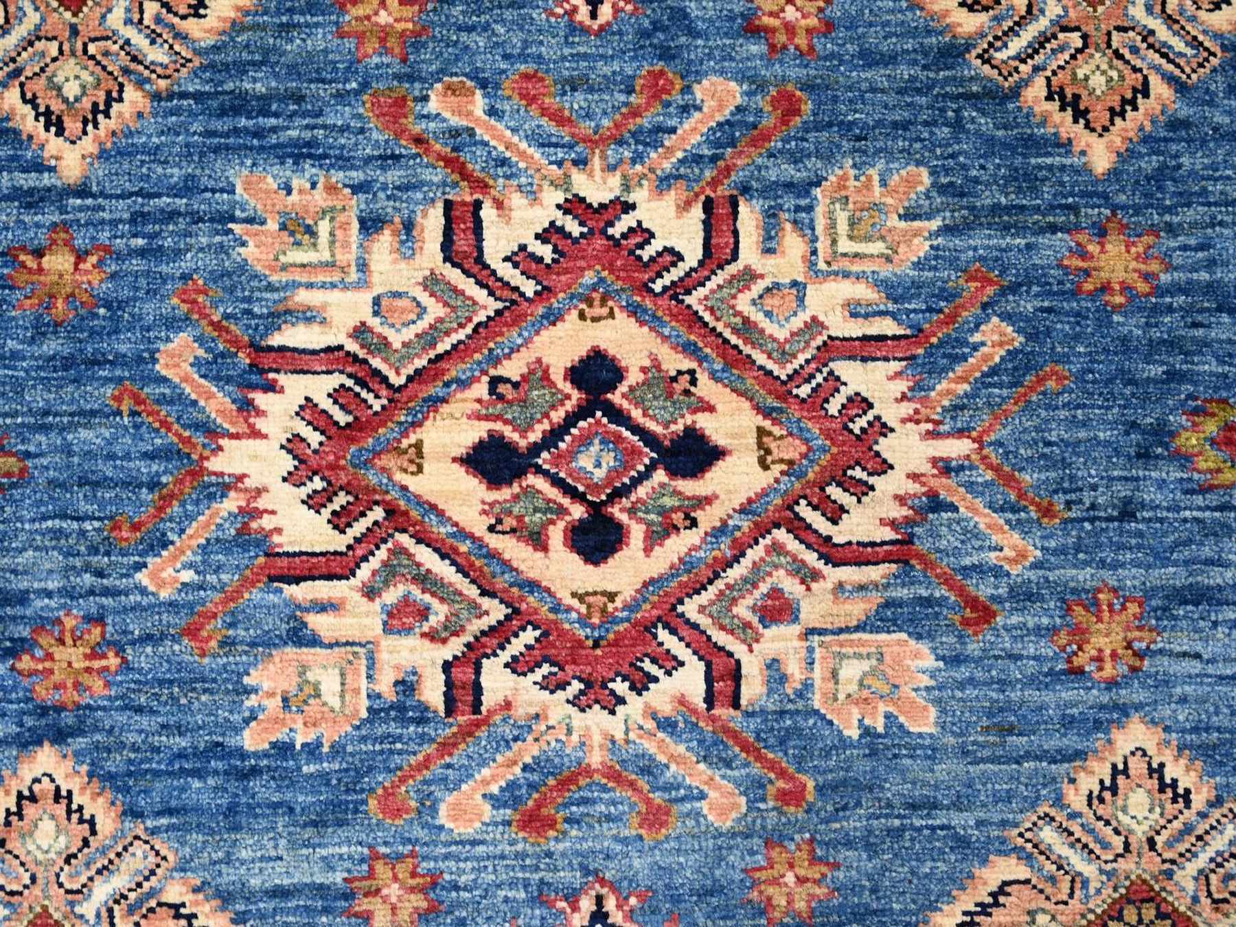9'x12'2" Cerulean Blue, Pure Wool, Hand Knotted, Afghan Super Kazak with Geometric Motifs, Vegetable Dyes, Oriental Rug HR22770 - Image 8