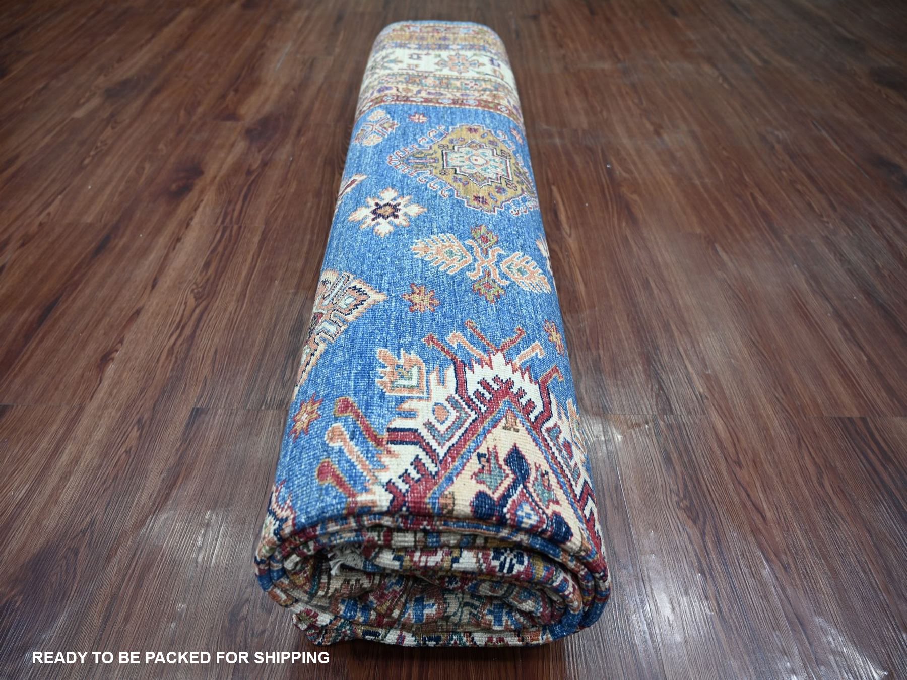 9'x12'2" Cerulean Blue, Pure Wool, Hand Knotted, Afghan Super Kazak with Geometric Motifs, Vegetable Dyes, Oriental Rug HR22770 - Image 9