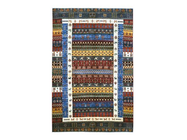5'8"x8'10" Colorful, Vegetable Dyes, Hand Knotted, Natural Wool, Fine Kashkuli Gabbeh with Small Animal Figurines, Oriental Rug HR22775