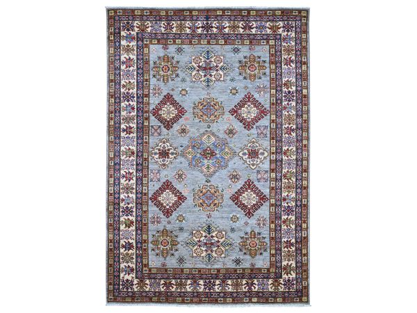 5'8"x8'5" Misty Gray, Afghan Super Kazak with Geometric Medallions Design, Natural Wool, Hand Knotted, Vegetable Dyes, Oriental Rug HR22777