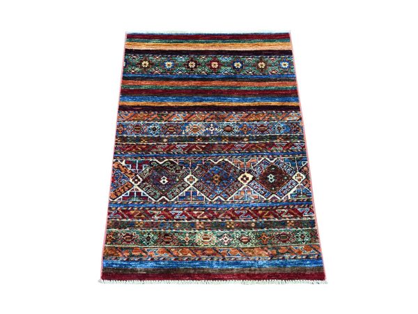 2'8"x3'8" Colorful, Vegetable Dyes, Hand Knotted, Natural Wool, Afghan Super Kazak with Khorjin Design, Sample, Mat, Oriental Rug HR22780