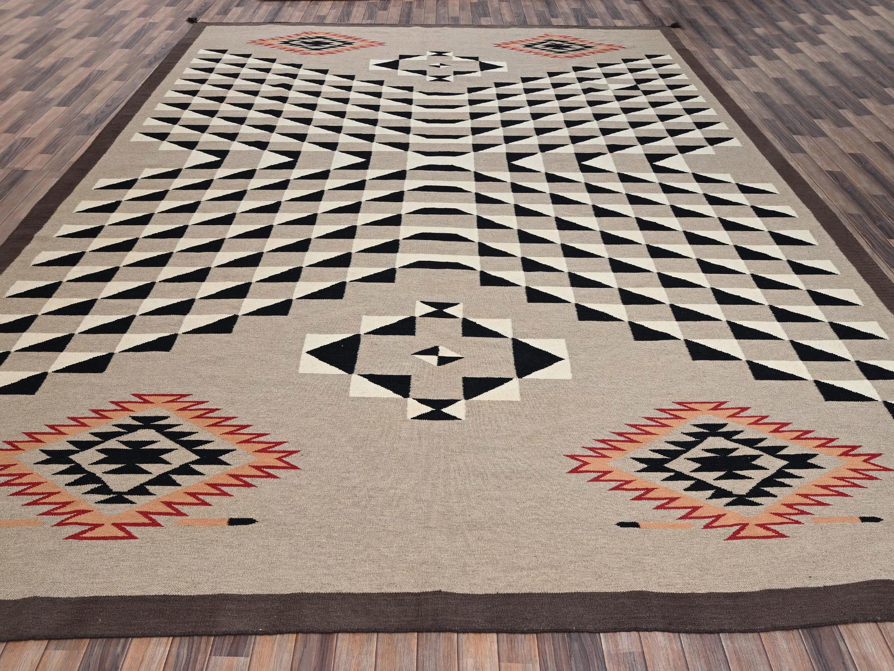 12'2"x14'9" Khaki Brown, Flat Weave, American Indian Southwest Geometric Design, Hand Woven, 100% Wool, XL, Oversized, Oriental Rug HR2280 - Image 2