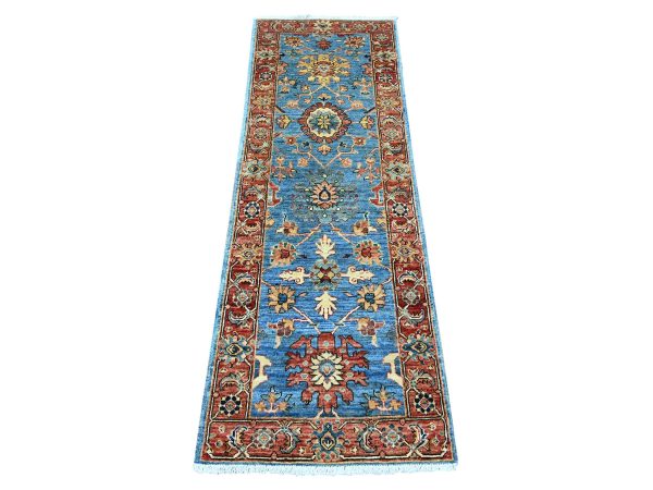 2'1"x6'1" Marlin Blue, Heriz All Over Design, Aryana Collection, High Mountain Wool, Hand Knotted, Soft Pile, Densely Woven, Vegetable Dyes, Narrow Runner, Oriental Rug HR22823