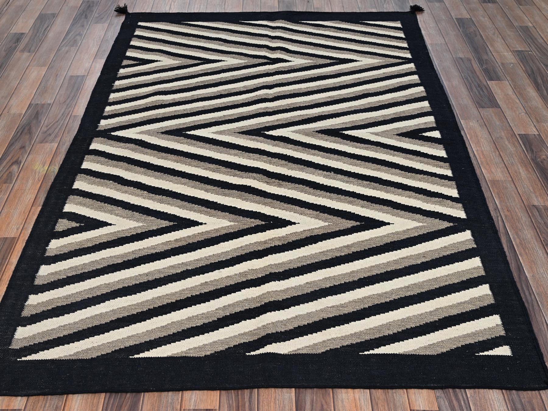 5'x7' Khaki Brown, Flat Weave, American Indian Southwest Geometric Design, Hand Woven, 100% Wool, Oriental Rug HR2284 - Image 2