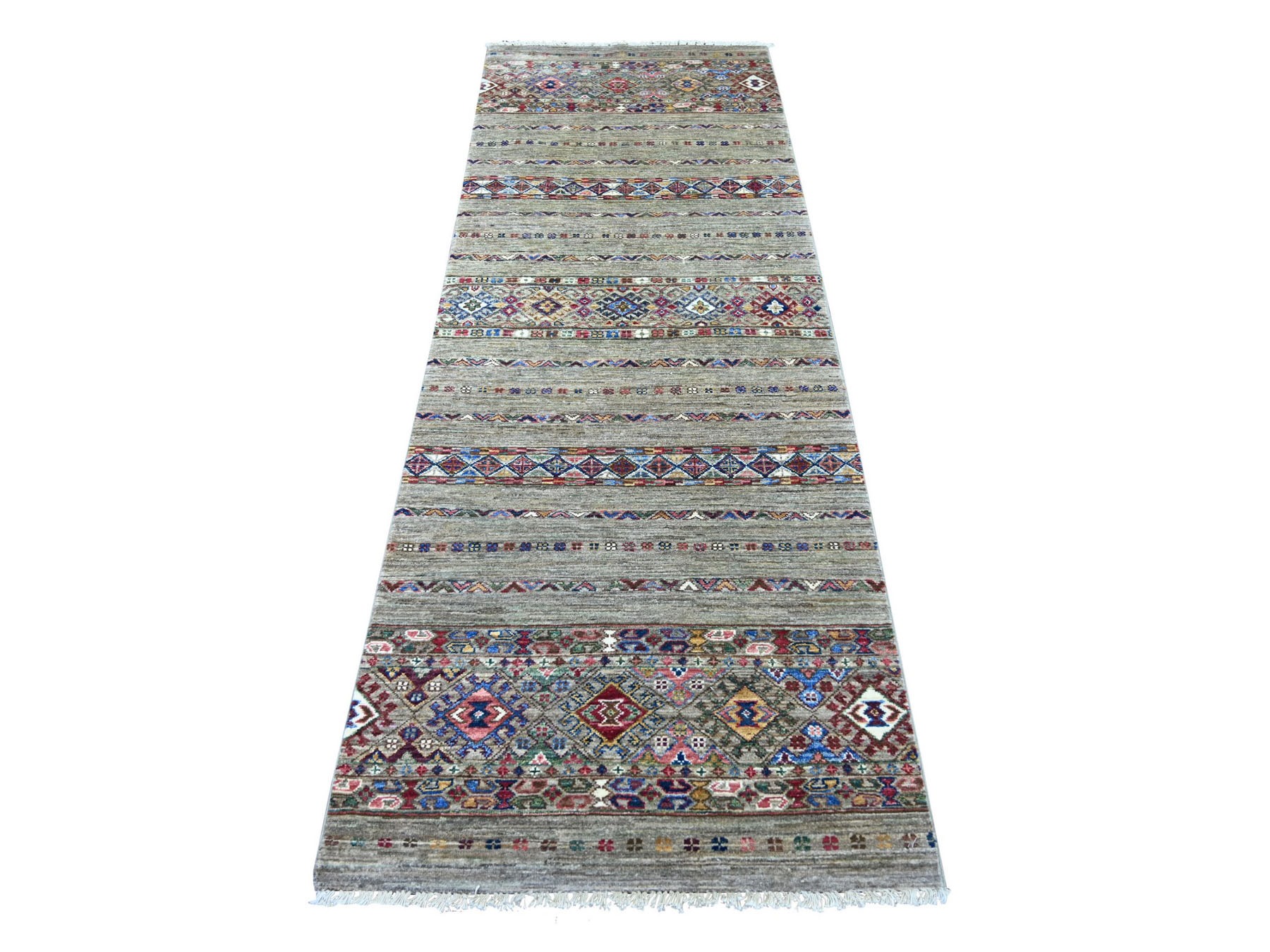 2'10"x8'2" Stone Gray, Organic Wool, Hand Knotted, Afghan Super Kazak with Khorjin Design, Vegetable Dyes, Runner, Oriental Rug HR22857