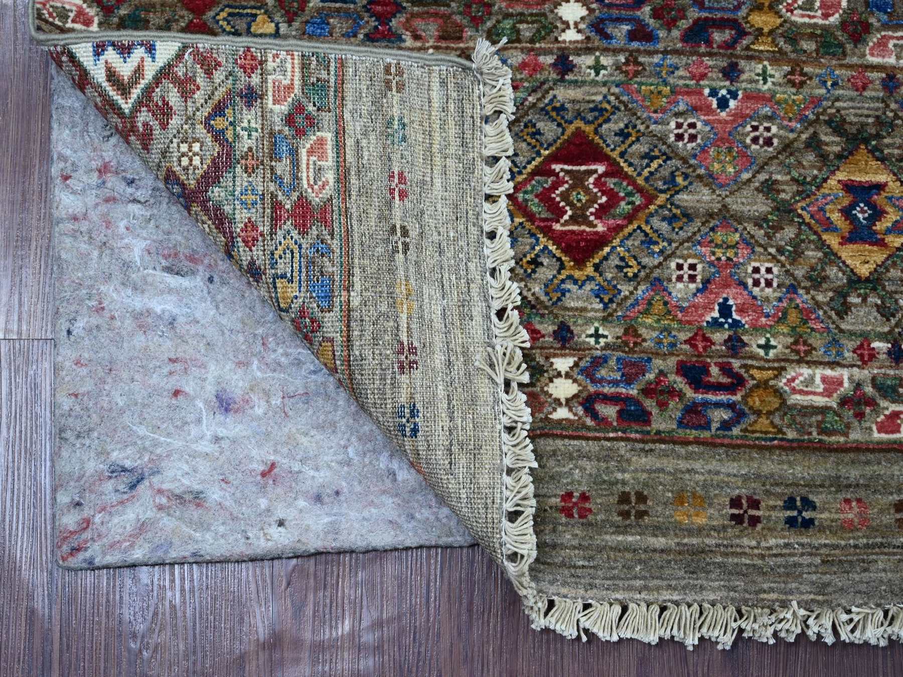 2'10"x8'2" Stone Gray, Organic Wool, Hand Knotted, Afghan Super Kazak with Khorjin Design, Vegetable Dyes, Runner, Oriental Rug HR22857 - Image 2