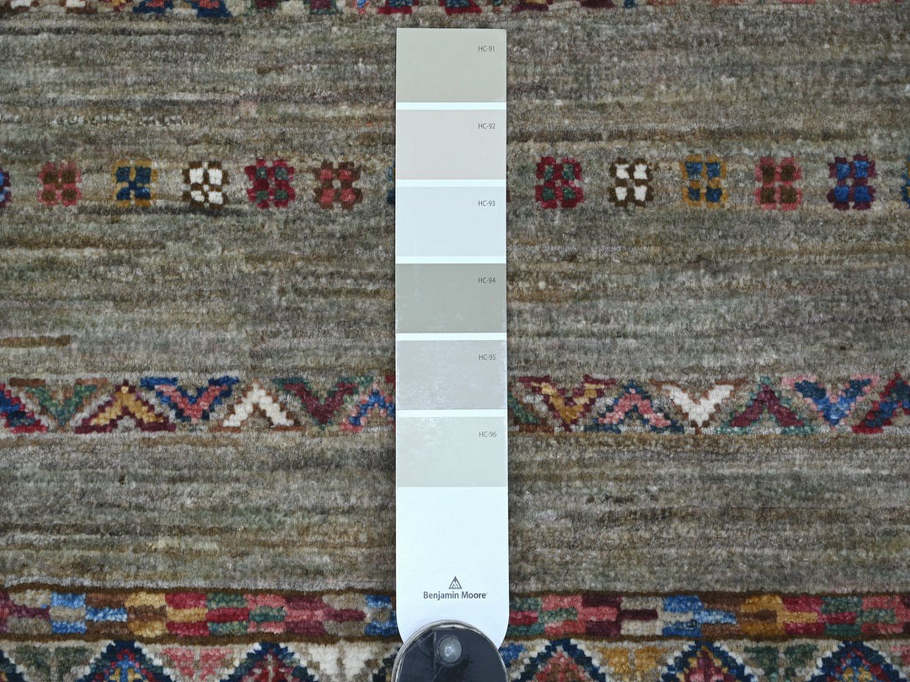 2'10"x8'2" Stone Gray, Organic Wool, Hand Knotted, Afghan Super Kazak with Khorjin Design, Vegetable Dyes, Runner, Oriental Rug HR22857 - Image 3