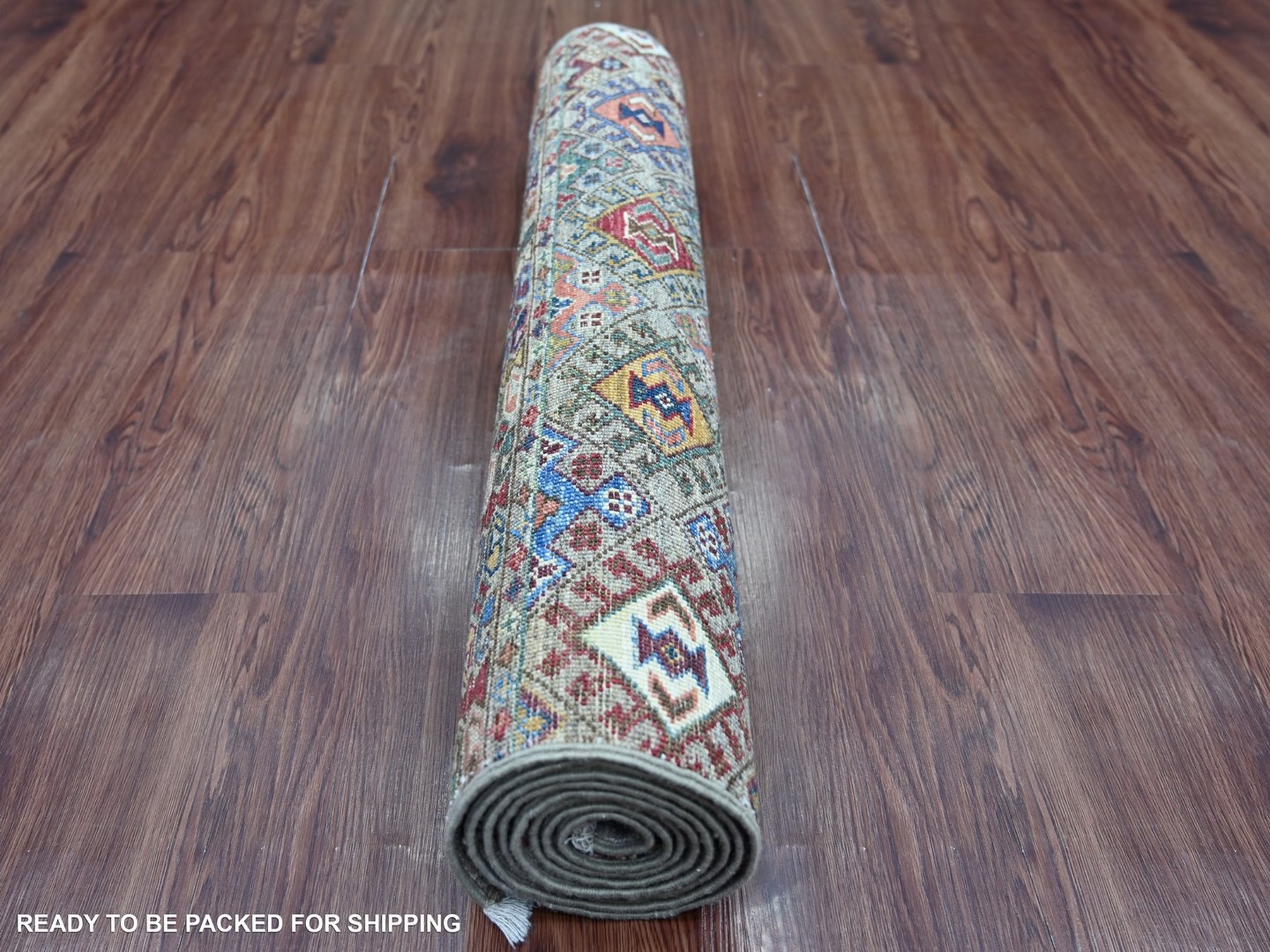 2'10"x8'2" Stone Gray, Organic Wool, Hand Knotted, Afghan Super Kazak with Khorjin Design, Vegetable Dyes, Runner, Oriental Rug HR22857 - Image 4