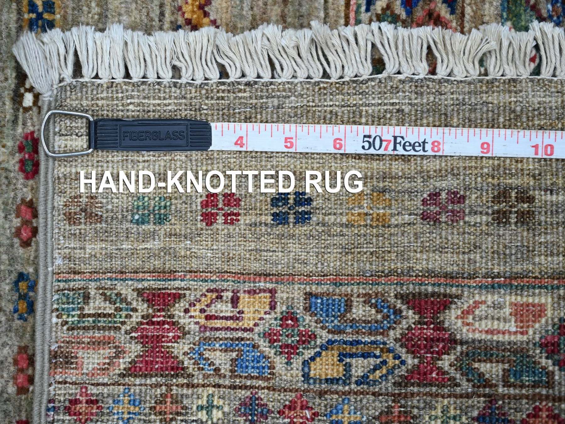 2'10"x8'2" Stone Gray, Organic Wool, Hand Knotted, Afghan Super Kazak with Khorjin Design, Vegetable Dyes, Runner, Oriental Rug HR22857 - Image 6