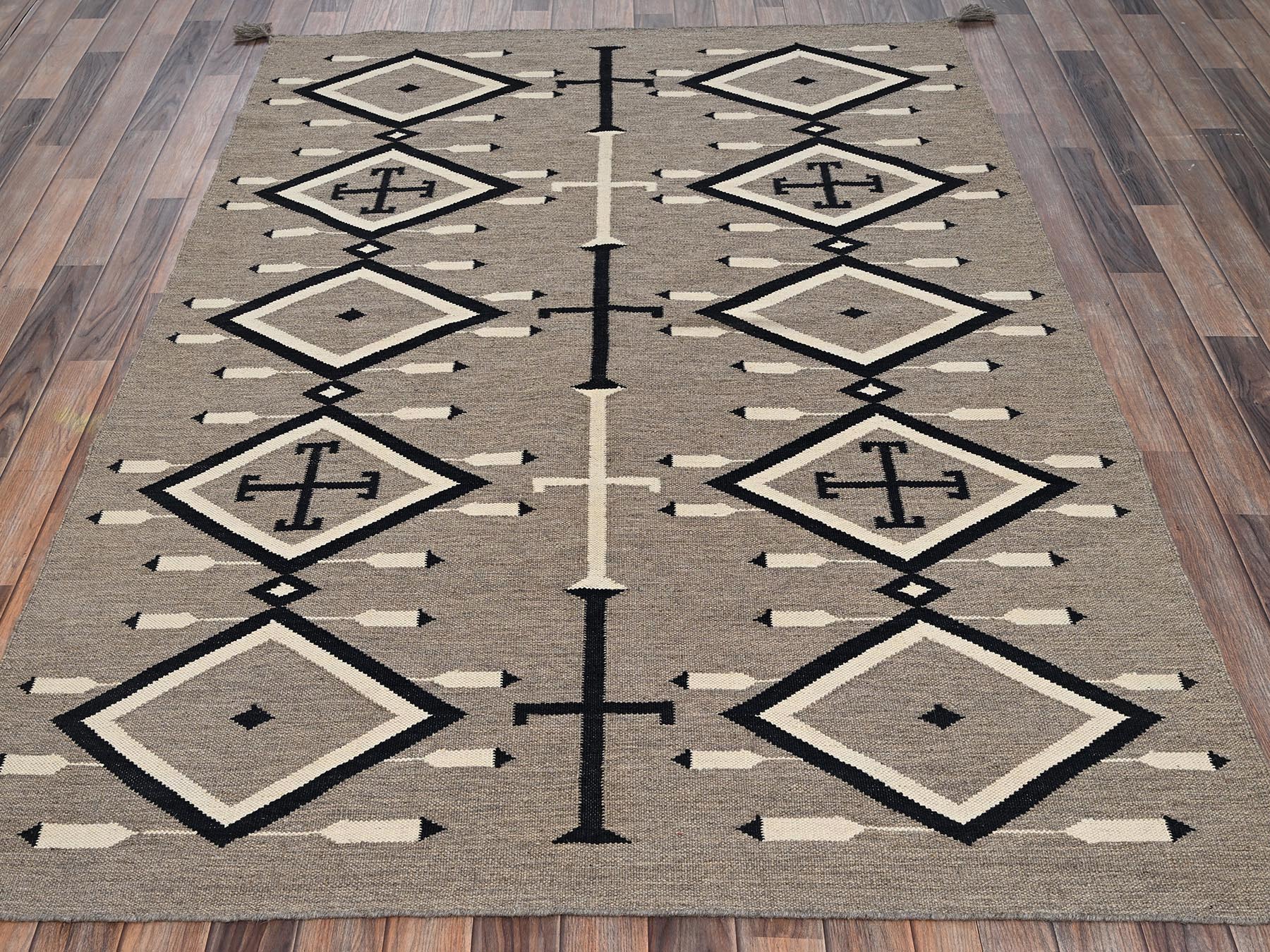 5'2"x7' Khaki Brown, Flat Weave, American Indian Southwest Geometric Design, Hand Woven, 100% Wool, Oriental Rug HR2286 - Image 2