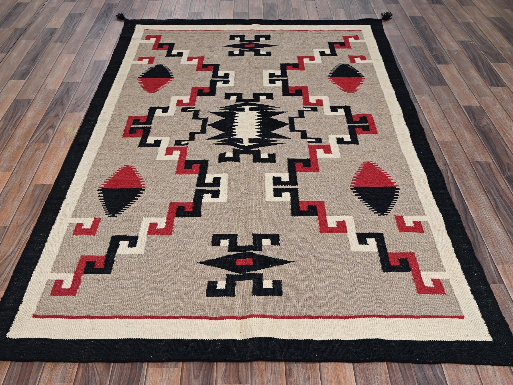 5'1"x7'2" Khaki Brown, Flat Weave, American Indian Southwest Geometric Design, Hand Woven, 100% Wool, Oriental Rug HR2287 - Image 2