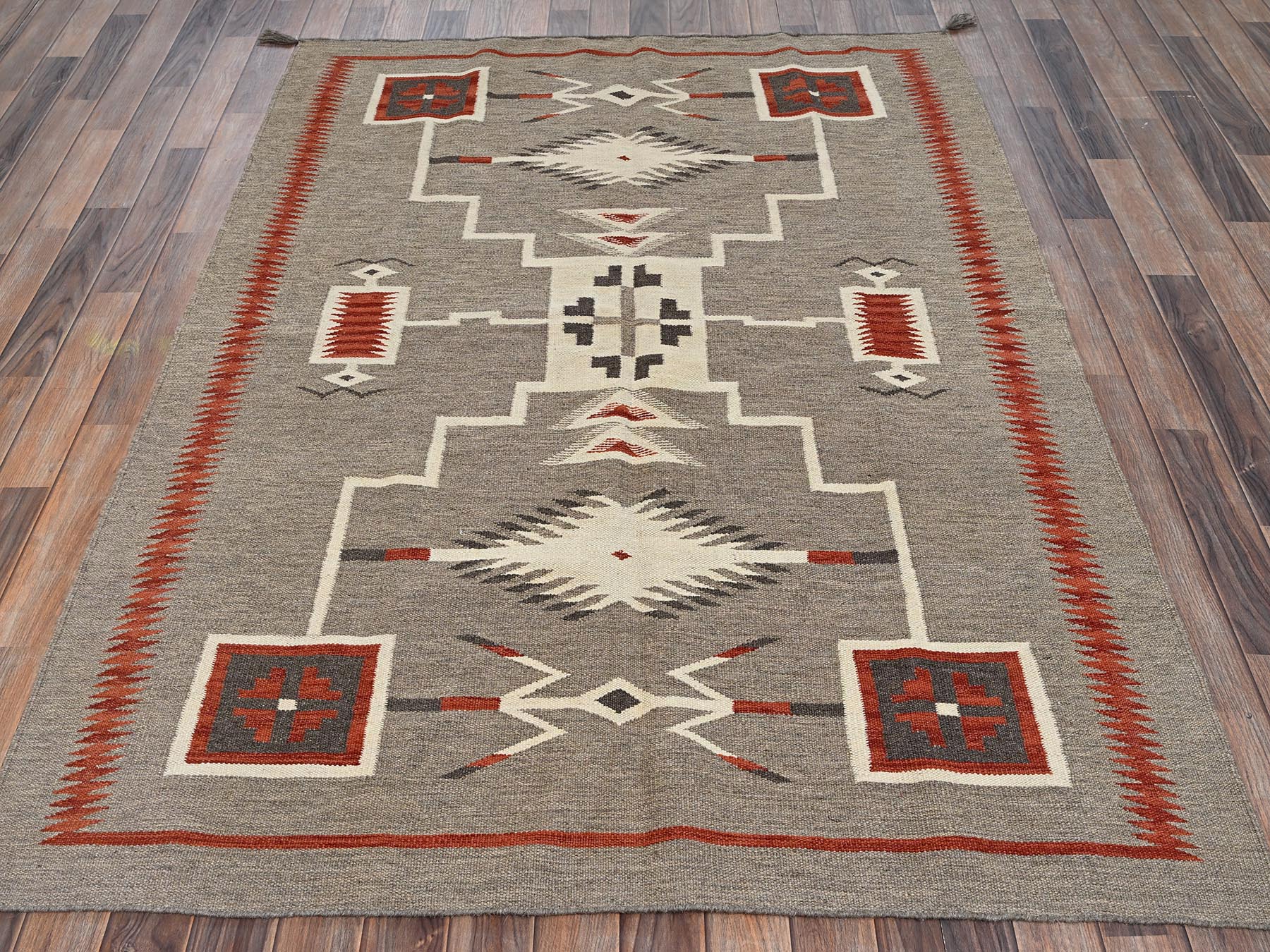 5'1"x7' Khaki Brown, American Indian Southwest Geometric Design, Hand Woven, Flat Weave, 100% Wool, Oriental Rug HR2289 - Image 2