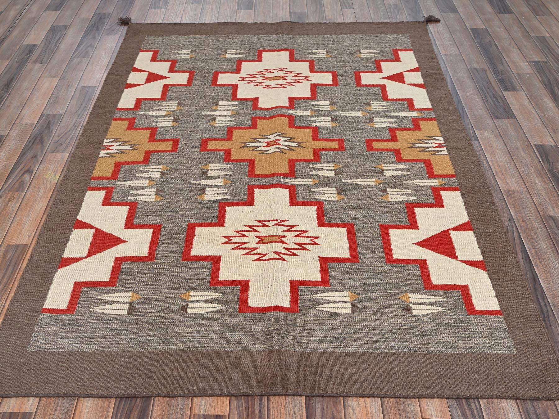 5'1"x7' Spanish Gray, Flat Weave, American Indian Southwest Geometric Design, Hand Woven, 100% Wool, Oriental Rug HR2292 - Image 2