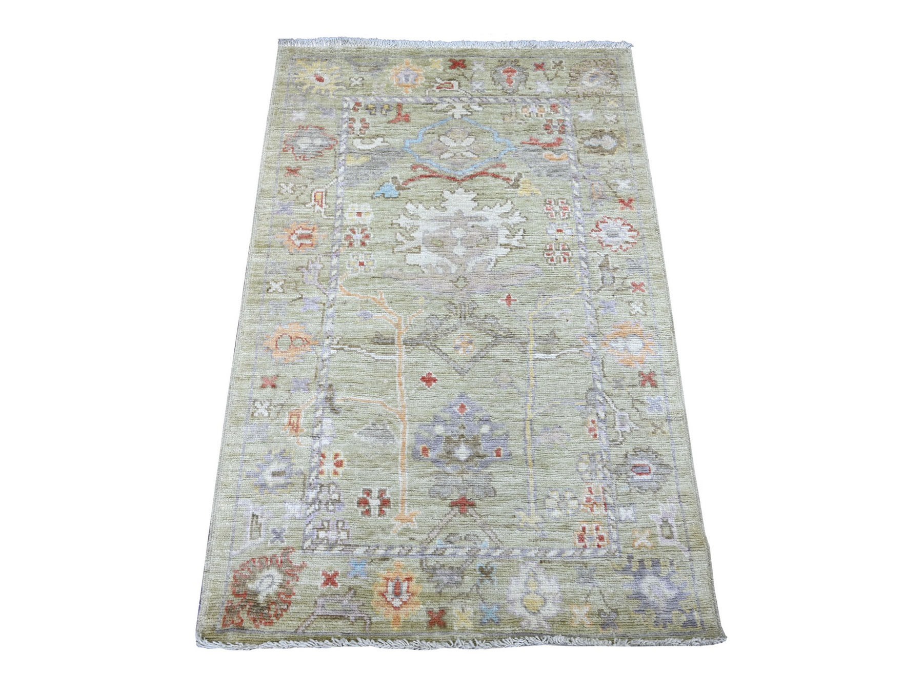 3'2"x5' Laurel Green, Afghan Angora Oushak with All Over Leaf Design, Hand Knotted, 100% Wool, Vegetable Dyes, Oriental Rug HR22920