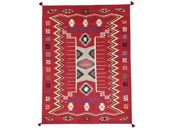5'2"x7' Crimson Red, Flat Weave, American Indian Southwest Geometric Design, Hand Woven, 100% Wool, Oriental Rug HR2293
