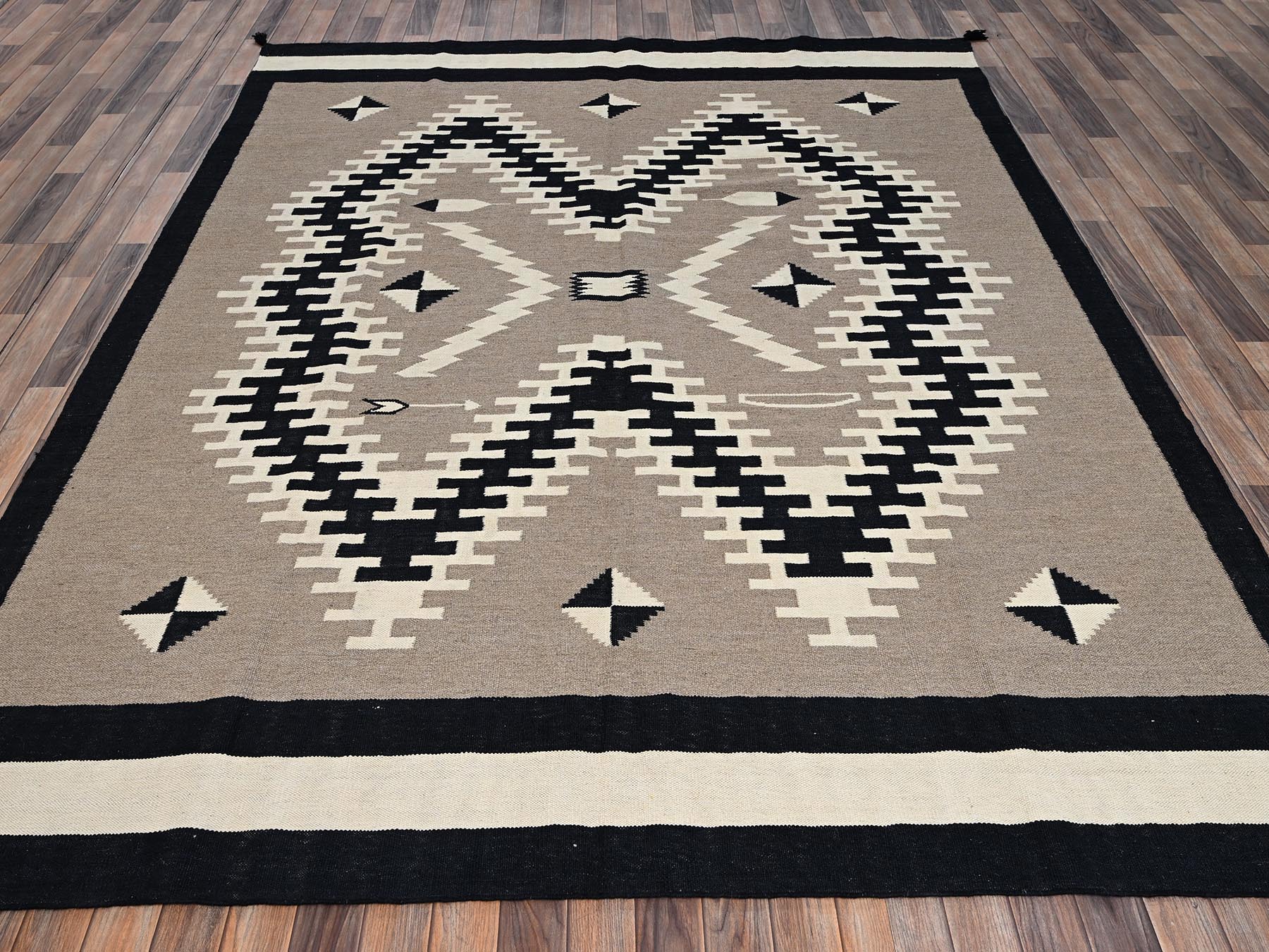 8'1"x10' Khaki Brown, Hand Woven, Flat Weave, American Indian Southwest Geometric Design, 100% Wool, Oriental Rug HR2295 - Image 2