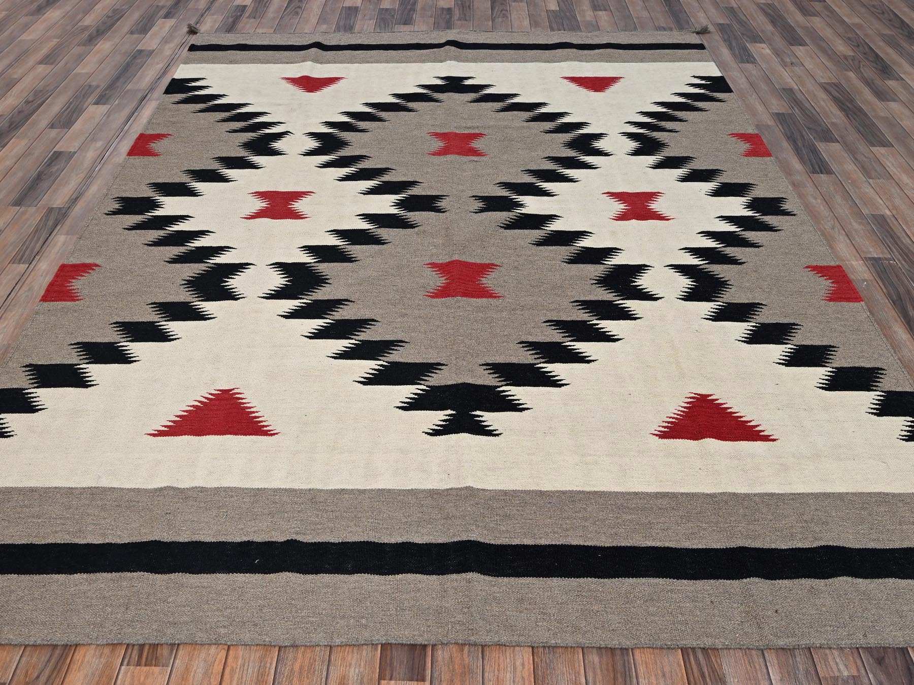 8'x10'3" Ivory-Brown, American Indian Southwest Geometric Design, Flat Weave, Hand Woven, 100% Wool, Oriental Rug HR2296 - Image 2