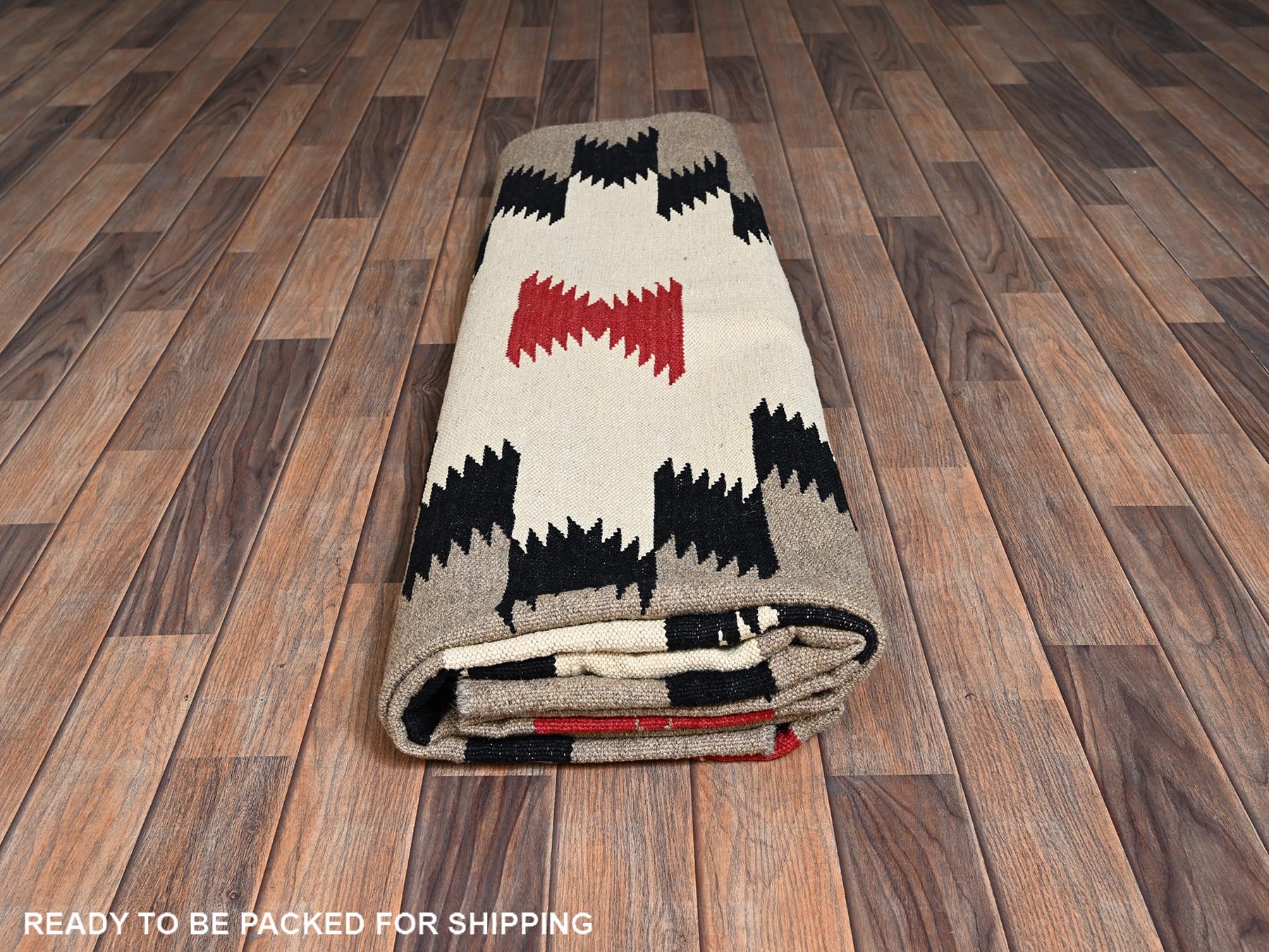 8'x10'3" Ivory-Brown, American Indian Southwest Geometric Design, Flat Weave, Hand Woven, 100% Wool, Oriental Rug HR2296 - Image 6