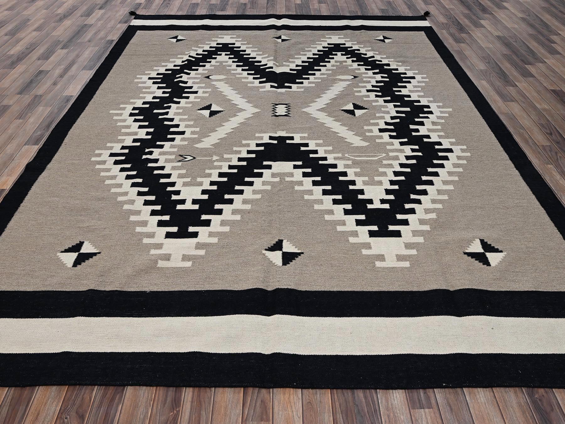 9'1"x11'9" Khaki Brown, Flat Weave, American Indian Southwest Geometric Design, Hand Woven, 100% Wool, Oriental Rug HR2299 - Image 2