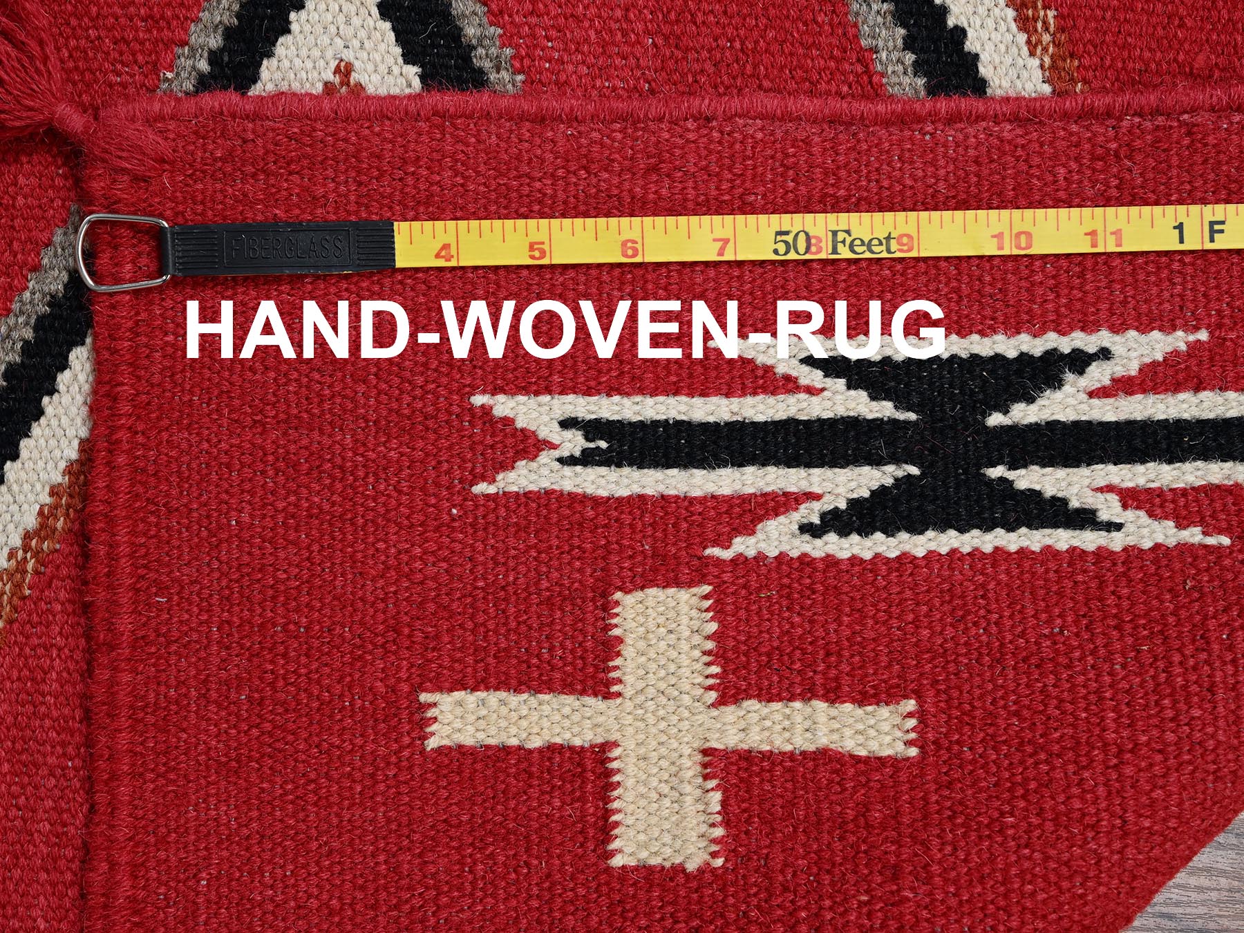9'x12'1" Crimson Red, Flat Weave, American Indian Southwest Geometric Design, Hand Woven, 100% Wool, Oriental Rug HR2301 - Image 7