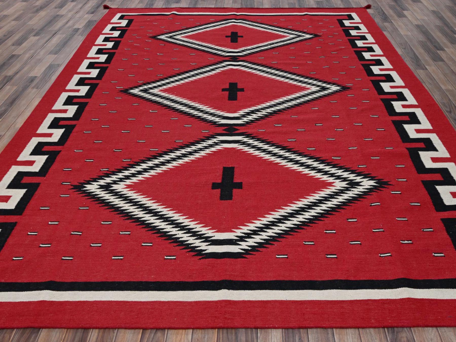9'2"x11'6" Crimson Red, Flat Weave, American Indian Southwest Geometric Design, Hand Woven, 100% Wool, Oriental Rug HR2302 - Image 2