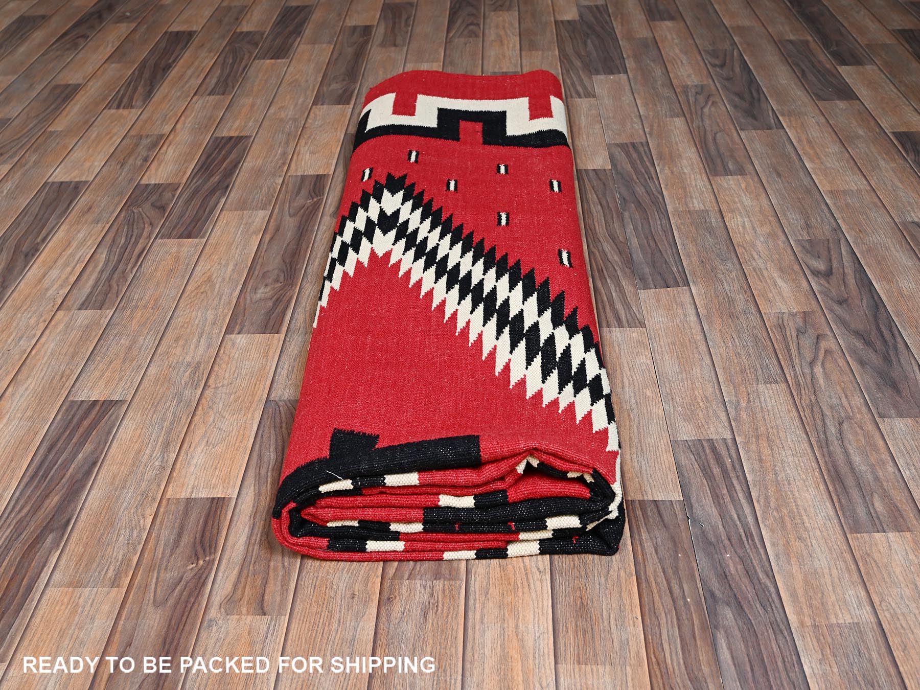 9'2"x11'6" Crimson Red, Flat Weave, American Indian Southwest Geometric Design, Hand Woven, 100% Wool, Oriental Rug HR2302 - Image 6