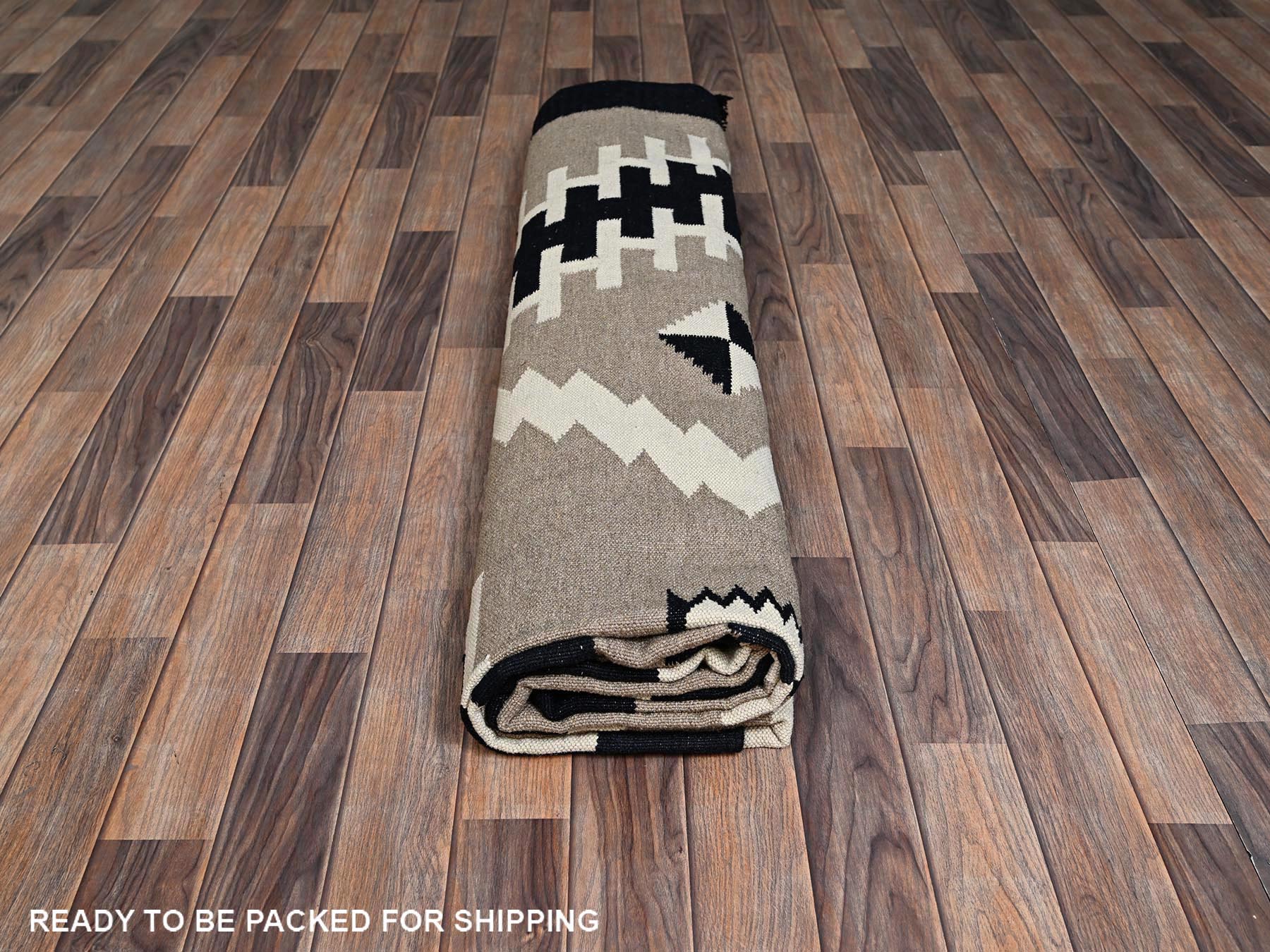 9'2"x11'10" Khaki Brown, American Indian Southwest Geometric Design, Hand Woven, Flat Weave, 100% Wool, Oriental Rug HR2315 - Image 6