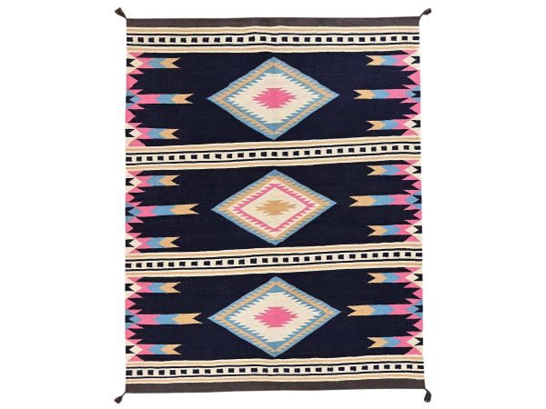 5'4"x6'9" Midnight Blue, American Indian Southwest Geometric Design, Flat Weave, Hand Woven, 100% Wool, Oriental Rug HR2322
