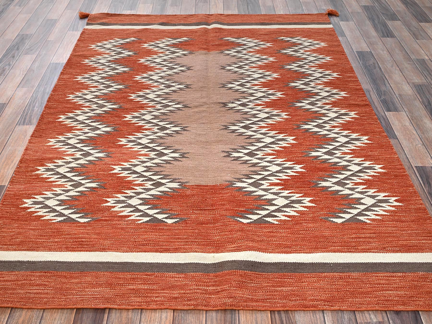 5'1"x7'1" Burnt Orange, American Indian Southwest Geometric Design, Flat Weave, Hand Woven, 100% Wool, Oriental Rug HR2324 - Image 2