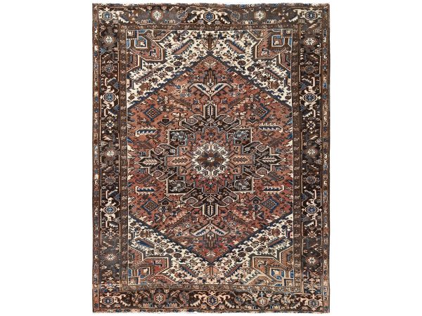 8'2"x10'10" Amber Brown, Vintage Persian Heriz with Geometric Medallion Design, Sheared Low, Sides and Ends Professionally Secured, Clean, Hand Knotted, 100% Wool, Oriental Rug HR2330