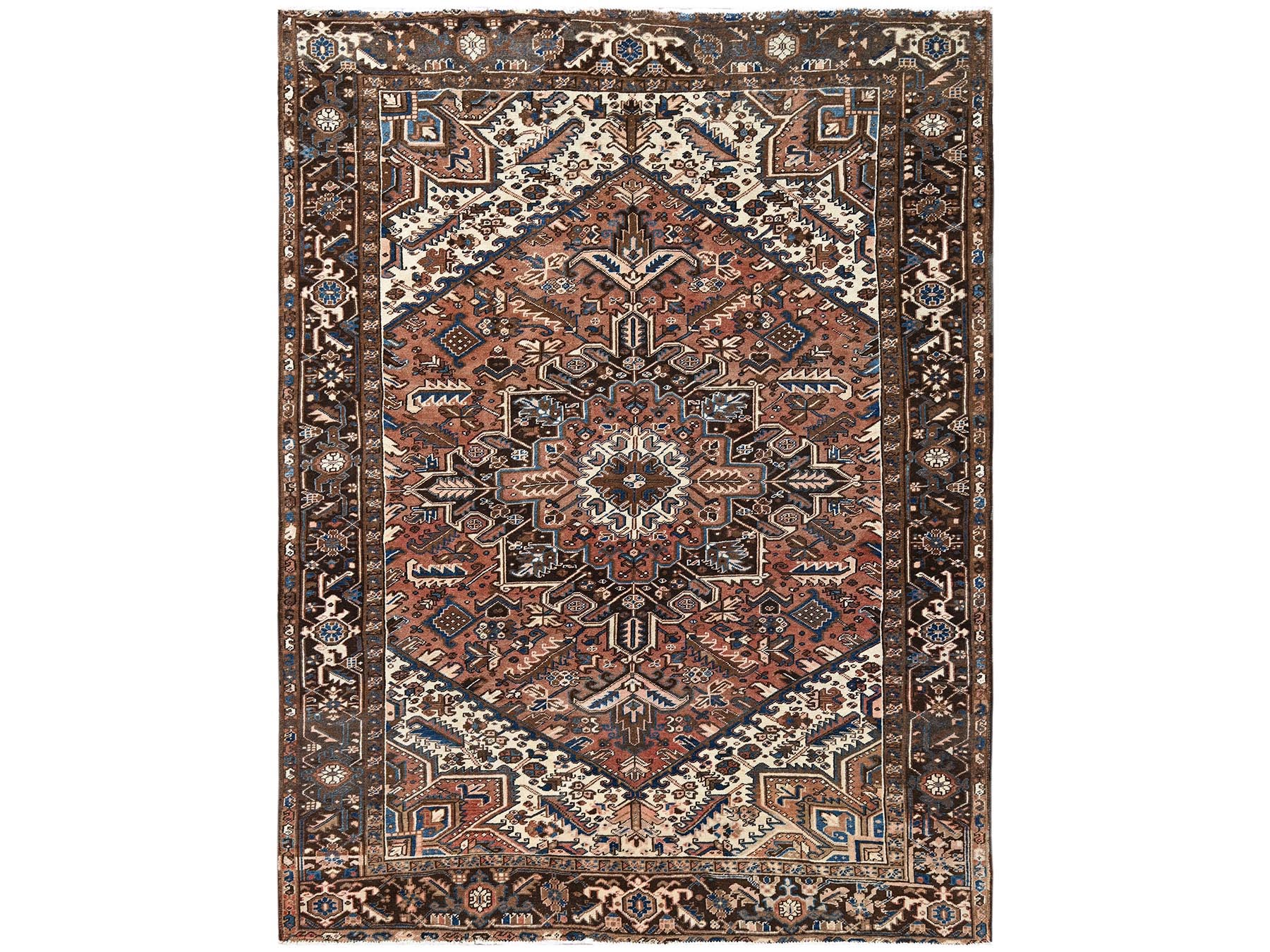 8'2"x10'10" Amber Brown, Vintage Persian Heriz with Geometric Medallion Design, Sheared Low, Sides and Ends Professionally Secured, Clean, Hand Knotted, 100% Wool, Oriental Rug HR2330