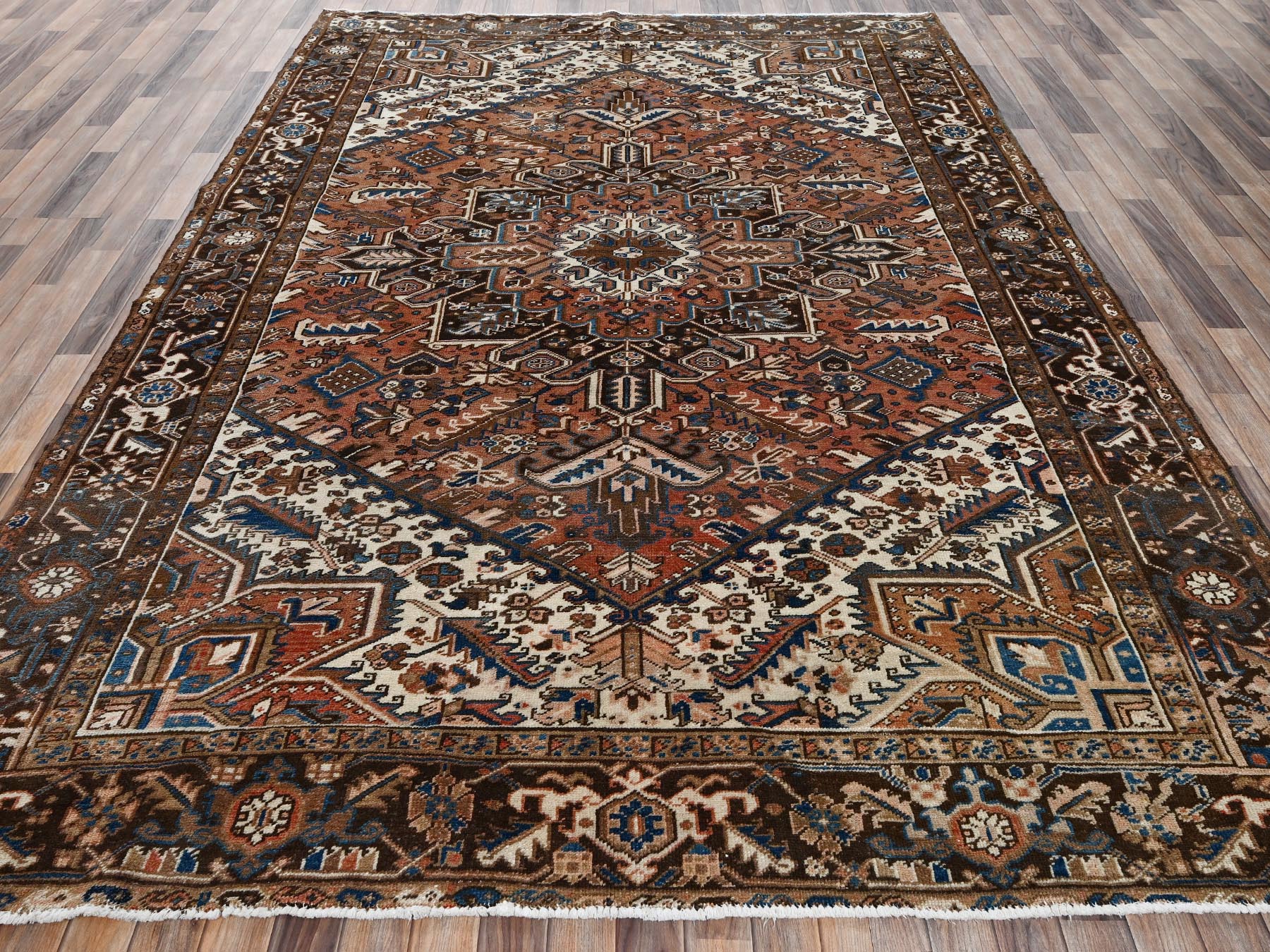8'2"x10'10" Amber Brown, Vintage Persian Heriz with Geometric Medallion Design, Sheared Low, Sides and Ends Professionally Secured, Clean, Hand Knotted, 100% Wool, Oriental Rug HR2330 - Image 2