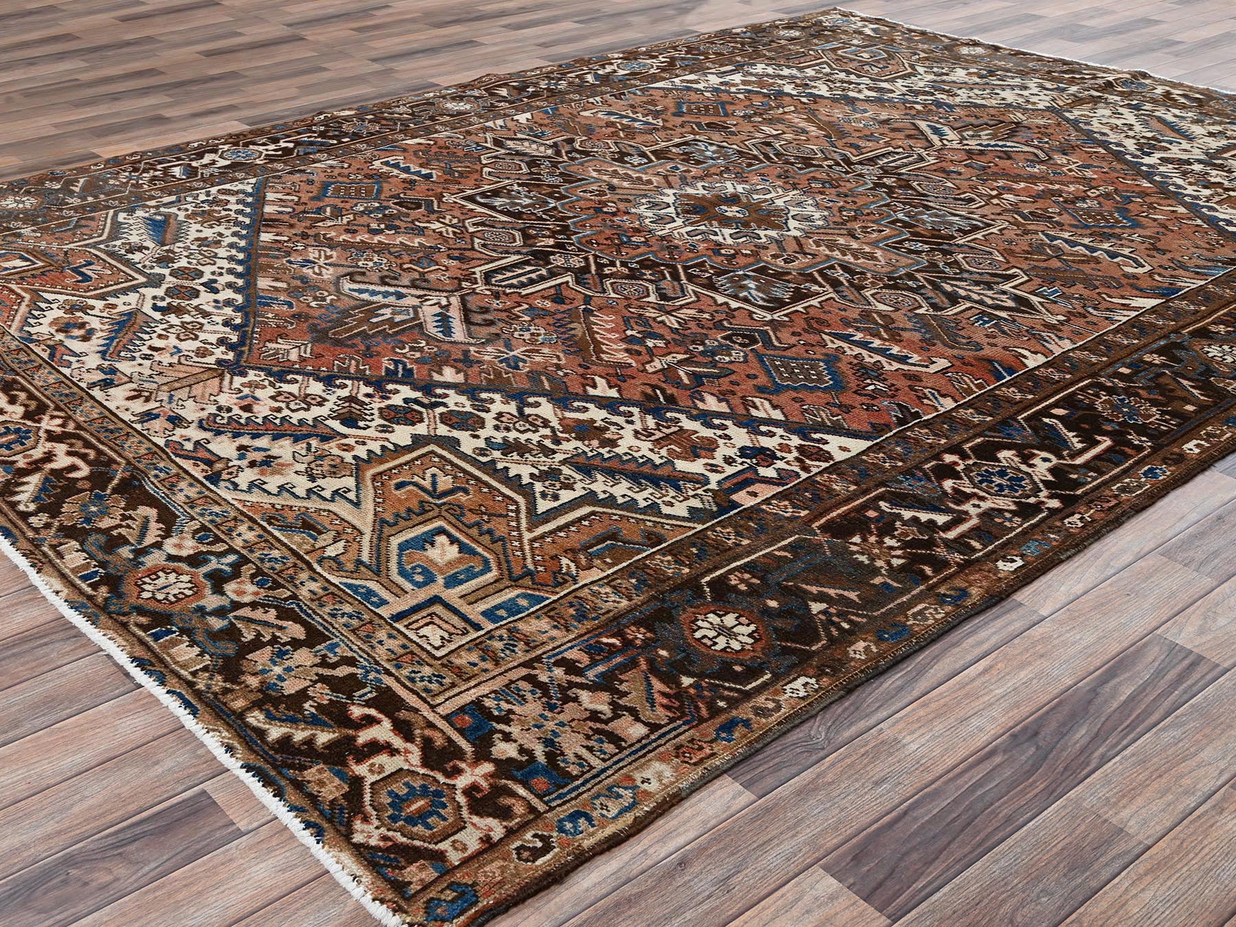 8'2"x10'10" Amber Brown, Vintage Persian Heriz with Geometric Medallion Design, Sheared Low, Sides and Ends Professionally Secured, Clean, Hand Knotted, 100% Wool, Oriental Rug HR2330 - Image 3