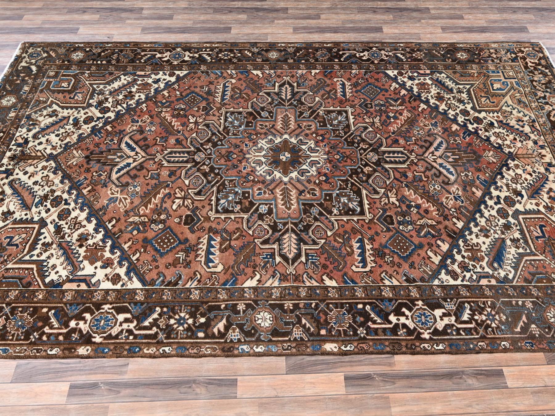 8'2"x10'10" Amber Brown, Vintage Persian Heriz with Geometric Medallion Design, Sheared Low, Sides and Ends Professionally Secured, Clean, Hand Knotted, 100% Wool, Oriental Rug HR2330 - Image 4